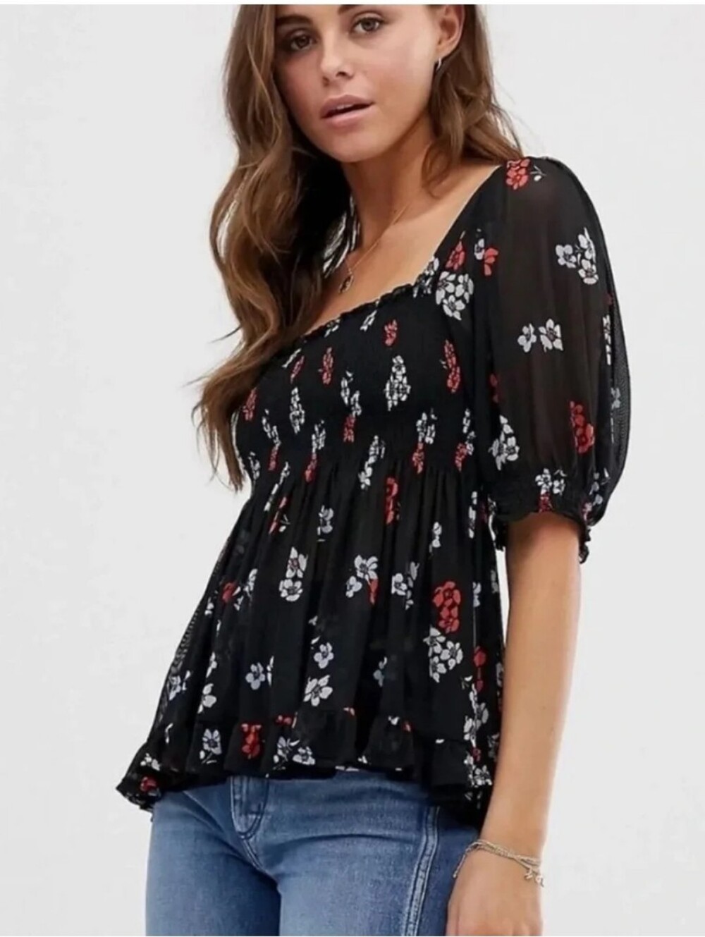 NWOT Free People Delta Dawn Black Floral Smocked Sheer Mesh Babydoll Top XS